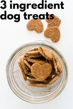 three ingredient dog treats in a glass bowl on a white background with the words, 3 ingredient dog treats