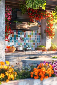 an outdoor kitchen with colorful flowers growing on the wall