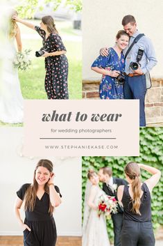 four different photos with the words what to wear for wedding photographers