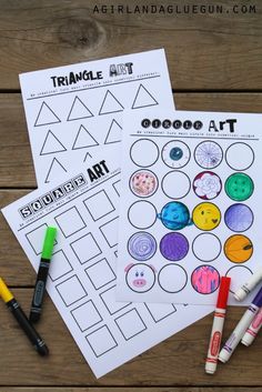 two printable worksheets with markers and crayons next to each other