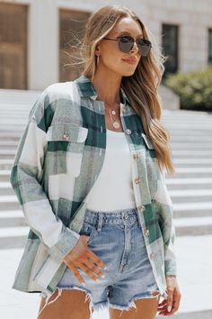 Lennon Sea Green plaid Flannel Shacket | Magnolia Boutique Cropped Flannel, Plaid Jacket Women, Flannel Shacket, Green Flannel, Flannel Jacket, Cute Jackets, Pocket Jacket, Plaid Jacket, Flannel Material