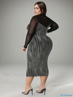 Orcajump - Plus Size Sexy Party Dress, Women's Plus Shiny Geometric Print Contrast Mesh Mock Neck Long Sleeve Bodycon Dress Non-stretch Bodycon Dress For Winter Party, Fitted V-neck Mesh Dress For Night Out, Midi Length Bodycon Dress For Club And Party Season, Sheer Stretch Bodycon Dress For Party Season, Winter Party Stretch Midi Dress, Fitted Long Sleeve Mesh Dress For Party Season, Sheer V-neck Bodycon Dress For Party, Sheer Stretch Bodycon Dress For Party, Glamorous Long Sleeve Midi Dress For Club