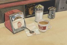 a painting of a toaster, coffee cup and napkin on a table