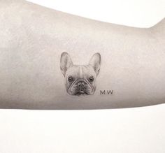 a small dog's face is shown on the arm and behind it are words that read m w