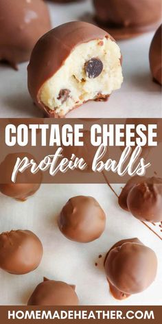 chocolate covered cheese protein balls with text overlay