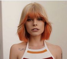 Orange Ends Hair, Blonde Hair With Orange Tips, Orange Creamsicle Hair, Blonde And Orange Hair, Orange And White Hair, Orange And Blonde Hair, Fun Haircolor, Bright Orange Hair, Orange Bob