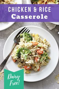 chicken and rice casserole on a white plate with a fork next to it