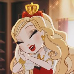 a cartoon girl with long blonde hair wearing a tiara and holding her hand on her chest