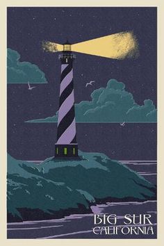 a poster with a lighthouse on top of a rock in the ocean under a cloudy sky