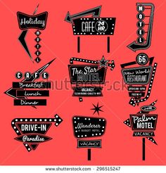 set of vintage movie signs and billboards on pink background