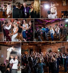 a collage of photos showing people dancing and having fun at their wedding reception in an old brick building