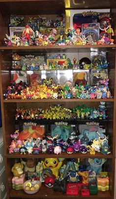 the shelves are filled with many different toys