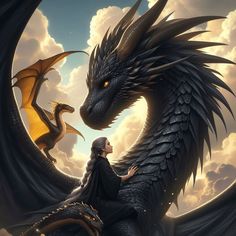 a woman sitting on top of a black dragon