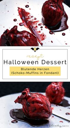 halloween dessert with chocolate and blood on the top, in front of a white plate