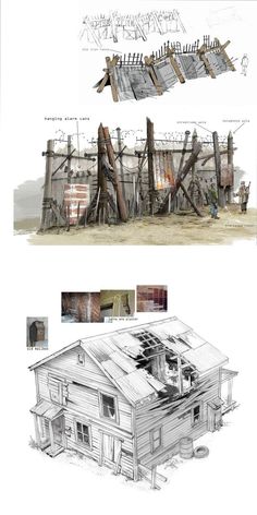 two drawings of an old wooden house