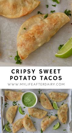 crispy sweet potato tacos with cilantro sauce and lime wedges on the side