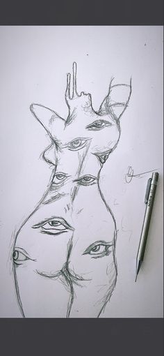 a pencil drawing of a woman's face with many eyes and hands on it