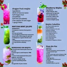 a menu with different types of cocktails on the side and in each one's glasses