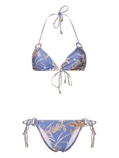 alice blue stretch-design all-over floral print triangle cup ring hardware detailing halterneck tie fastening rear tie fastening removable pads two separate pieces Be mindful to try on swimwear over your own garments. Rare Gifts, Versace Outfit, Iconic Bags, Demi Fine Jewelry, Exclusive Fashion, Fine Earrings, Summer Beach Wear, Ballet Flat Shoes, Pump Sandals