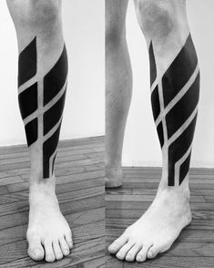 black and white photograph of man's legs with cross - stitched leggings