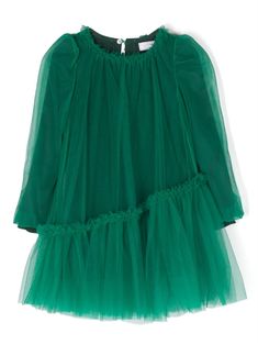 emerald green stretch-cotton tulle overlay frilled neckline single rear button fastening keyhole detail to the rear long sleeves peplum hem gathered detailing Elegant Dark Green Ruffled Dress, Dark Green Ruffled Dress For Party, Dark Green Elegant Ruffle Dress, Elegant Dark Green Dress With Ruffles, Green Tulle Dress For Dress-up Occasions, Green Long Sleeve Dress For Dress-up, Green Ruffled Tulle Dress, Green Long Sleeve Dress With Ruffle Hem, Green Tulle Dresses With Ruffles