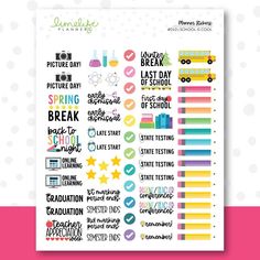 the back to school planner stickers are shown in various colors and sizes, with text on