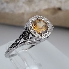 Cute New 48 Ct Citrine Antique Filigree Ring Formal Solitaire Citrine Jewelry, Formal Citrine Solitaire Jewelry, Formal Citrine Solitaire Birthstone Ring, Elegant Citrine Solitaire Birthstone Ring, Elegant Yellow Solitaire Birthstone Ring, Elegant Citrine Birthstone Ring For Formal Occasions, Elegant Citrine Birthstone Ring For Formal Events, White Gold Citrine Rings With Diamond Cut, Elegant Yellow Sapphire Sterling Silver Ring