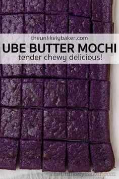 purple butter mochillos are stacked on top of each other with text overlay