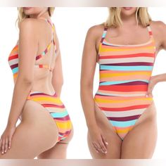 Colorful Stripes Enliven This One-Piece Tank Swimsuit With Crisscross Back Straps And A High-Cut Leg. Squareneck Pull-On Style Shelf Bra With Removable Soft Cups Crossed Back Straps High-Cut Leg Cheeky Coverage 85% Nylon/15% Spandex Machine Washable (Approximate Measurements Laying Flat) Bust: 14.5” (19” Stretched Flat) Length: 29.5” B1299rh020324 Bathing Suit Swimsuit Pool Poolside Vacation Cruise Resort Spring Summer Break Sup Lake Tubing Travel Swimwear Casual One-piece Color Block Swimwear, Multicolor Color Block Bodysuit For Pool, Casual Multicolor Bodysuit For Swimming, Casual Multicolor One-piece Swimwear, Multicolor Color Block Bodysuit For Poolside, Spring Beach Bodysuit With Color Block, Spring Beach Bodysuit In Color Block, Fitted Striped Color Block Swimwear, Spring Beach Color Block Bodysuit