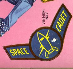 an advertisement for the space shuttle program on pink paper with blue and yellow lettering that reads,