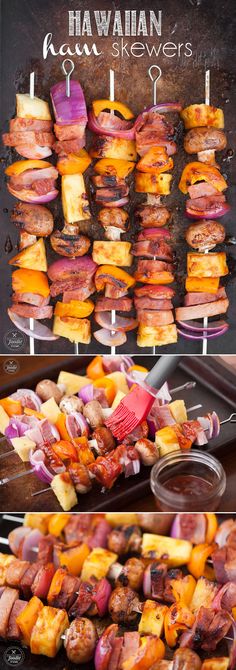 several different types of food being cooked on skewers with the words hawaiian kabobs above them