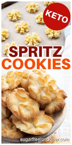 some cookies are on a plate with the words keto spritz cookies