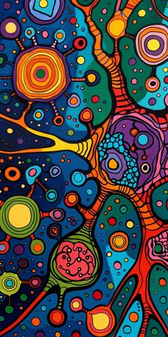 an abstract painting with many different colors and shapes on it, including circles and dots