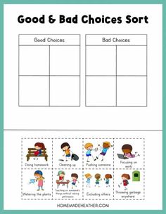 the good and bad choices sort is shown in this printable worksheet for kids