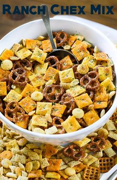 ranch chex mix in a white bowl with a serving spoon on top and the title overlay reads ranch chex mix