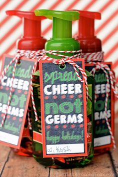 homemade hand sanitizers for christmas with free printable tags on the bottle and tag