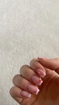 Casual Nails Gel, Pretty French Nail Designs, White Square French Tip Nails With Design, Simple Nail Designs Heart, Short Acrylic Nails Square Vacation, Simple Pink French Tip Nails, Cute Classic Nails, Pink Nails With Cherry, 15 Birthday Nails