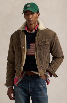 Head on out to the cattle drive in this rustic cotton-corduroy jacket lined with cozy fleece so your teeth don't chatter while you're wrangling. 23 1/2" length (size Small) Chest button-flap patch pockets; front slant pockets Spread collar Button cuffs Adjustable button side tabs Body lined with 70% polyester, 30% acrylic faux-fur; cupro-lined sleeves, with 100% polyester fill 100% cotton, with 70% polyester, 30% acrylic faux-fur collar Machine wash, tumble dry Imported Corduroy Trucker Jacket, Ralph Lauren Fleece, Ralph Lauren Jacket, Waterproof Hiking Shoes, Mens Fleece, Vintage Western, Trucker Jacket, Corduroy Jacket, Polo Ralph Lauren Mens