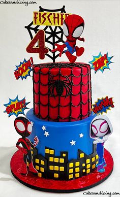 a spiderman themed birthday cake with the number four on it's top tier