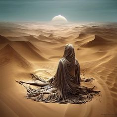 a person sitting in the middle of a desert