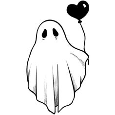 a black and white drawing of a ghost holding a heart balloon