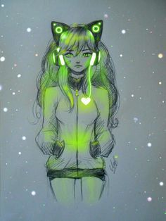 a drawing of a girl with glowing eyes and cat ears