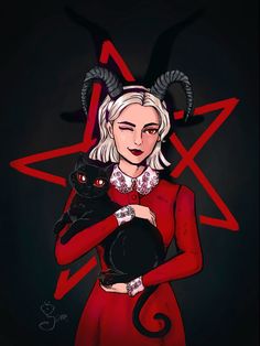 a drawing of a woman holding a black cat in front of a pentagramil