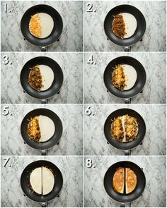 the steps to make an enchilada in a skillet are shown here