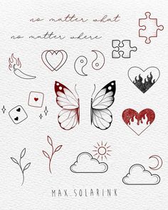 the back side of a piece of paper with different designs on it, including butterflies and hearts