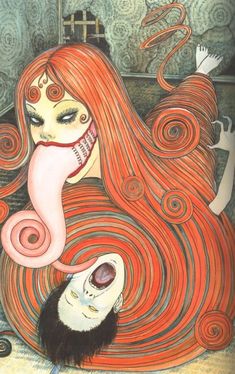 a drawing of a woman laying on top of a man's head with long red hair