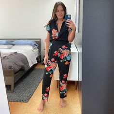 This Jumpsuit Fits Like A Dream!! That Is A Huge Deal Coming From A Woman Who Is 5’2” It’s So Hard For Me To Find Jumpsuits With A Fitted Crotch. Usually The Crotch Is A Drop Crotch And It’s Not A Good Look.. Not Only Is It Very Flattering And Fitted In All The Right Places, It’s Only Been Worn Once And Looks Brand New. I Added 2 Photos Of The Closure On The Left Side Of The Jumpsuit. It’s Next To The Left Pocket That There Are 2 Buttons And An Invisible Zipper. Full Disclosure One Of The Button Zara V-neck Jumpsuits And Rompers For Loungewear, Zara Jumpsuits And Rompers For Spring Loungewear, Black Floral Print Jumpsuits And Rompers For Workwear, Zara Fitted Short Sleeve Jumpsuit, Zara Casual Floral Print Jumpsuits And Rompers, Zara Fitted Jumpsuits And Rompers With Floral Print, Black V-neck Jumpsuit From Zara, Zara Black V-neck Jumpsuit, Zara Black Jumpsuits And Rompers For Summer