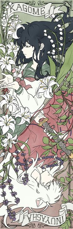 an image of a woman laying down on the ground with flowers in her hair and words above her head