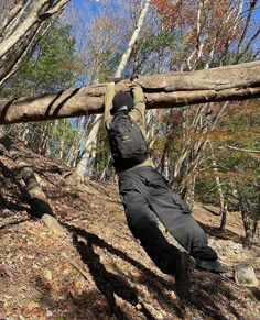 a man is hanging from a fallen tree in the woods with his feet up on it