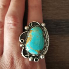 Vintage Sterling Silver Turquoise Stone Native Stamped Design Heavy Large Ring Tarnished Size 9 In Good Pre-Owned Condition Unique Untreated Turquoise Ring, Southwestern Turquoise Ring With Natural Stones, One Of A Kind Turquoise Jewelry For Anniversary, Unique Turquoise Gemstone Ring, Turquoise Jewelry Stamped 925, Handmade Classic Turquoise Sterling Silver Ring, Handmade Classic Sterling Silver Turquoise Ring, Elegant Untreated Turquoise Ring In Sterling Silver, Turquoise Ring With Large Stone For Anniversary